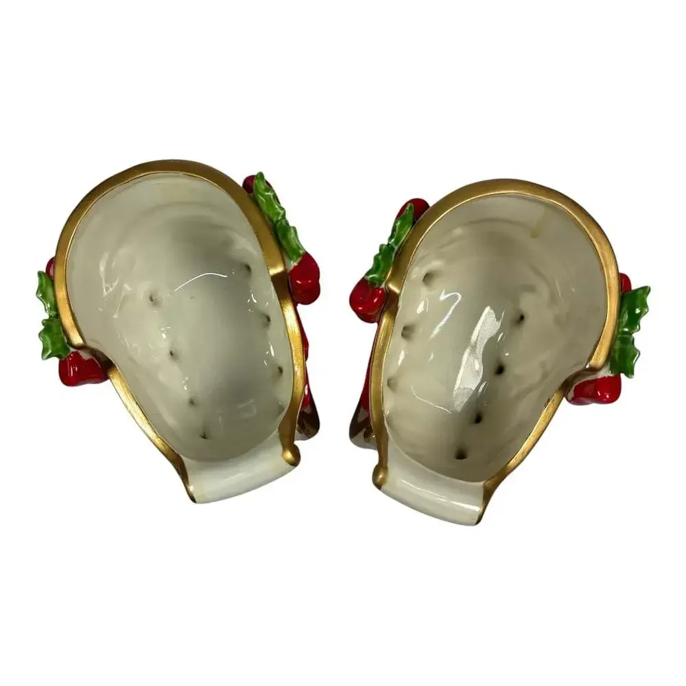 2 Vintage Fitz and Floyd Christmas Sleigh Candy Dish Planter Japan Bows Holly